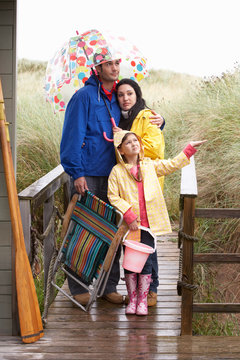 Family On Beach With Umbrella