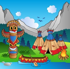 Indian village with totem and canoe