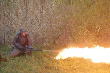 German soldier with flame-thrower.Reenactmenr