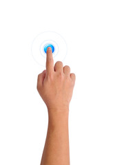 hand pushing a blue button