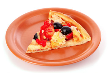 Pizza with olives on plate isolated on white