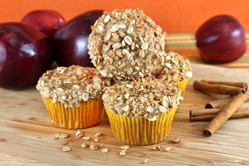 Stacked Apple Bran and Granola Muffins with selective focus on f