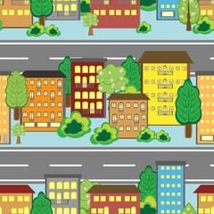 Seamless background with cartoon town pattern