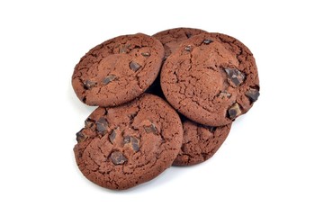 A pile of chocolate chip cookies on a white background