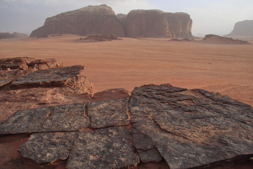 Dramatic rock formations in Wadi Rum desert