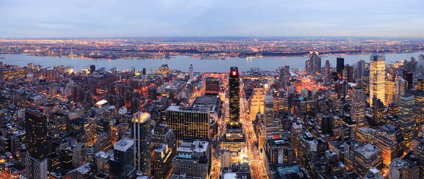 New York City Manhattan skyline panorama aerial view at dusk