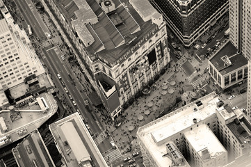 New York City Manhattan street aerial view black and white
