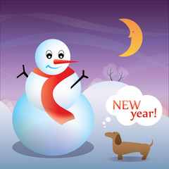 New Year Card with a dog and a snowman