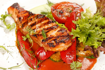 salmon steak with vegetables