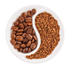 Natural coffee beans versus instant one in Yin Yang shaped plate