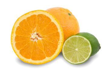 orange fruits  and green lemons  isolated on white.