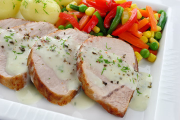 Pork meat with vegetables and sauce
