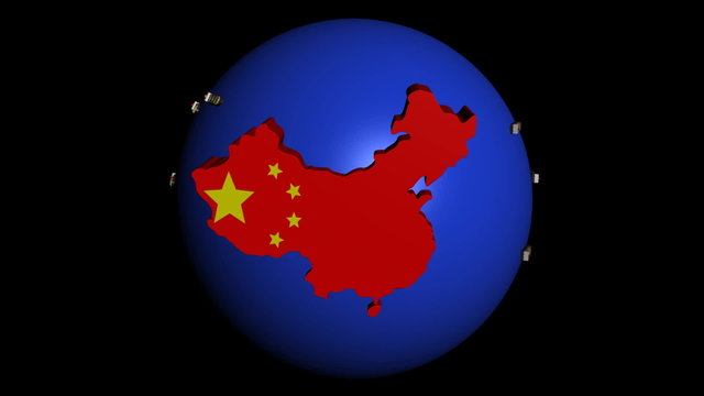 container ships with USA and China map flags animation