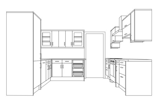 A 3d Single Point Perspective Line Drawing Of A Fitted Kitchen