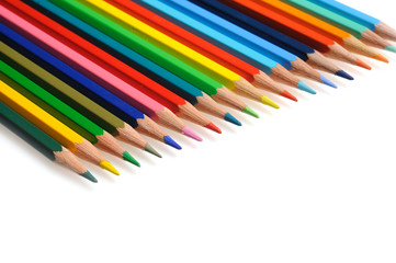 Many colorful school pencils isolated on white background