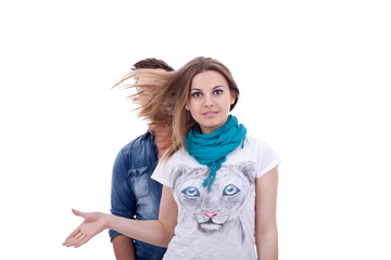 woman fluttering  hair on her boyfriend