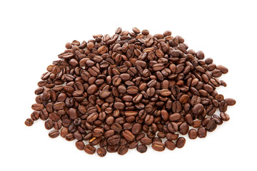 Pile of coffee beans over white background