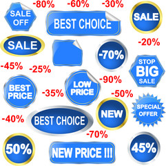 Blue stickers and labels big sale seet, vector illustration