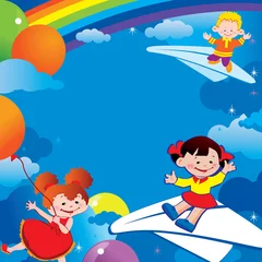 Foto op Plexiglas Kinderen vliegen op ballonnen en op papieren vliegtuigen. © Tetiana Nikonorova