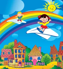 Poster Im Rahmen Kinder, die auf Papierflugzeugen fliegen. Glückliche Kindheit. © Tetiana Nikonorova
