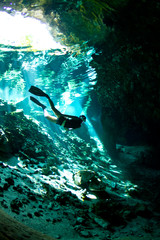 Free diver at an entrance to Cenote