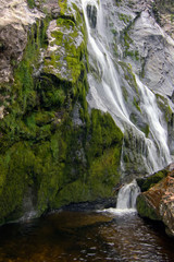 Fototapeta na wymiar Powerscourt Waterfall surrounded by woods and specimen plants.