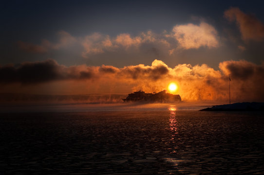 Cruise ship in the sunrise
