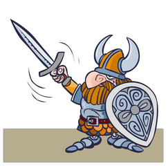Cartoon viking warrior vith sword and shield.