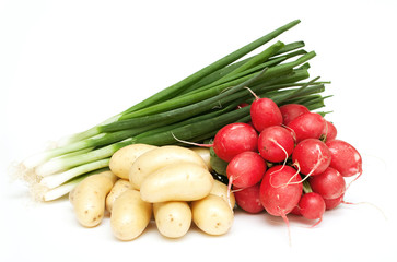 spring onion, young potatoes and radish