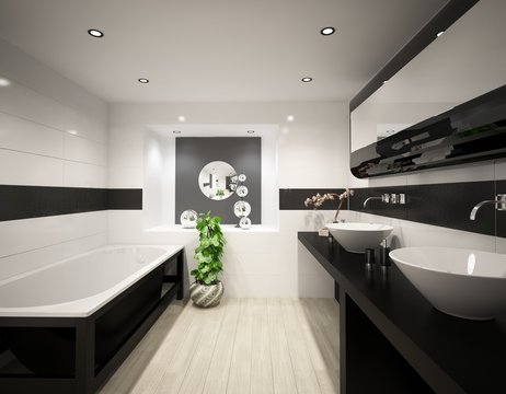Cuarto de ba&ntilde;o blanco y negro