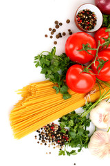Pasta spaghetti with tomatoes, olive oil and basil on a white ba