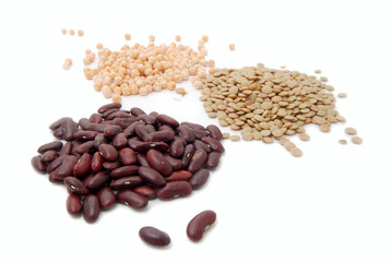 Red haricot, lentils and peas isolated on white