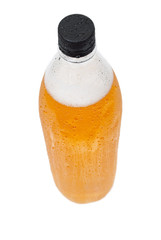 Plastic bottle of beer on white