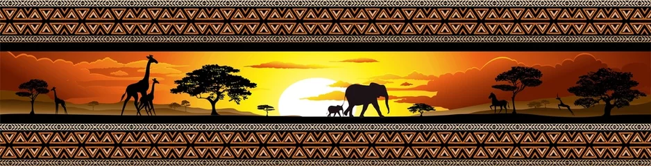 Foto auf Acrylglas Zeichnung Savana Tramonto e animali-Savannah Sunset and Animals-Banner
