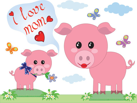 Mothers day,two pigs,vector