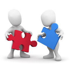 3d Little men hold pieces to the puzzle