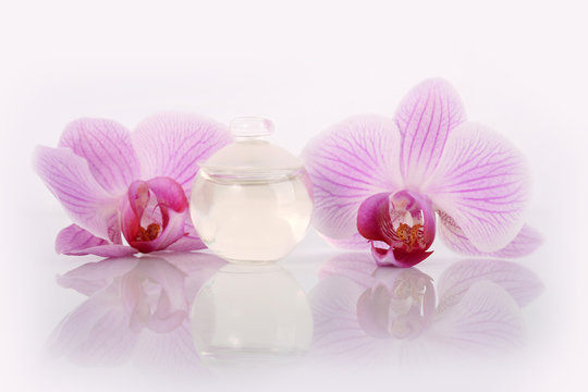 Perfume bottle and orchid flowers