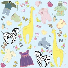 Seamless background.Illustration little childs dress and toys.