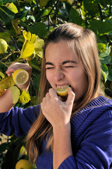 Girl eating a lemon from the tree. - 32187638