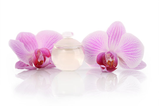 Perfume bottle and orchid flowers