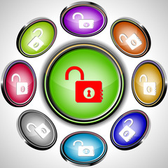 Opened lock. Vector internet buttons. 8 different projections.