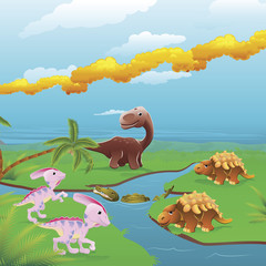 Cartoon dinosaurs scene.