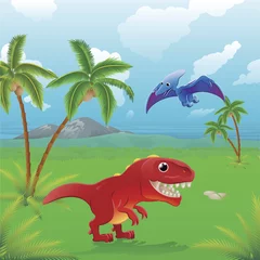 Deurstickers Dinosaurus Cartoon dinosaurussen scène.