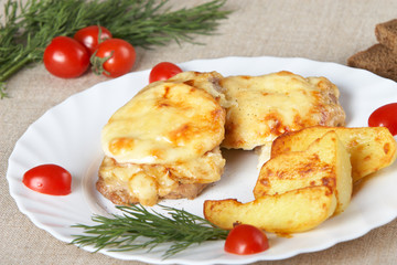 European cuisine. Meat in French with fried potatoes