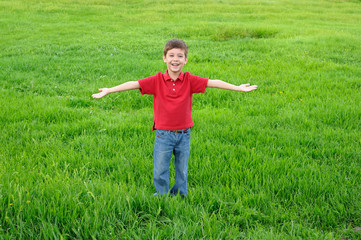 Little boy on green meadow