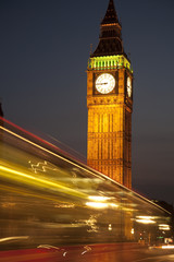 Big Ben and Bus in London illuminated at Night