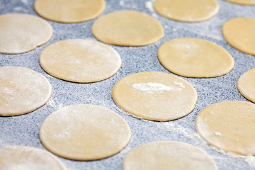 round shape of the dough with flour on the table