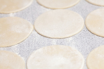 Fototapeta na wymiar round shape of the dough with flour on the table
