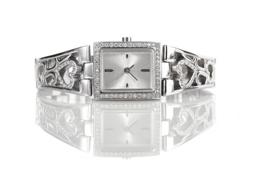 Female silver wrist watch with diamonds