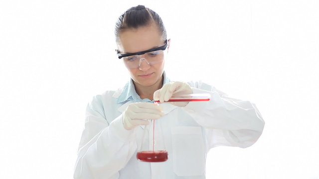 Female scientist mixing chemicals in Erlenmeyer flask, isolated